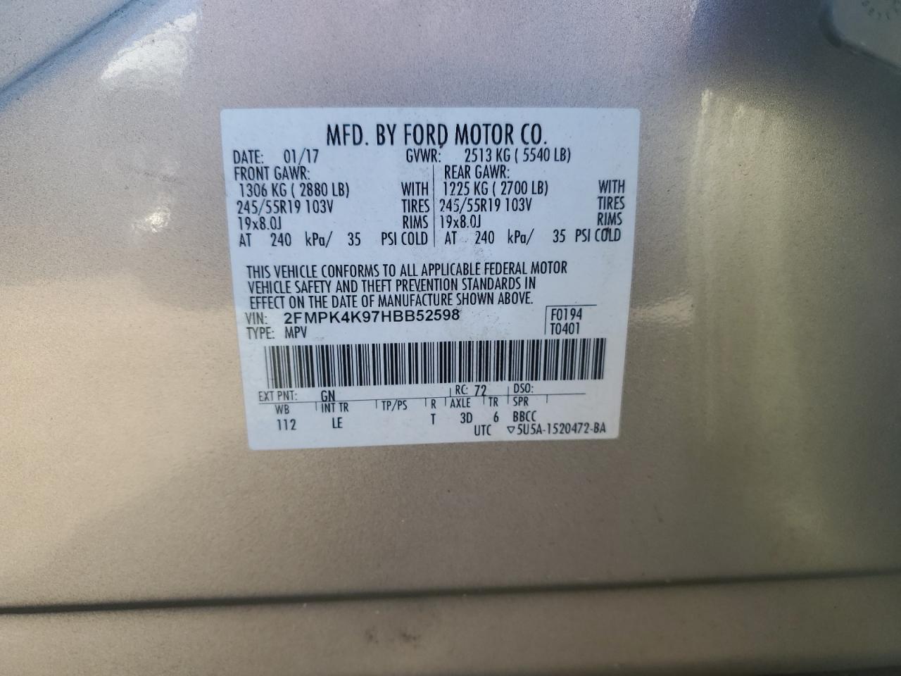 2017 Ford Edge Titanium VIN: 2FMPK4K97HBB52598 Lot: 84445815