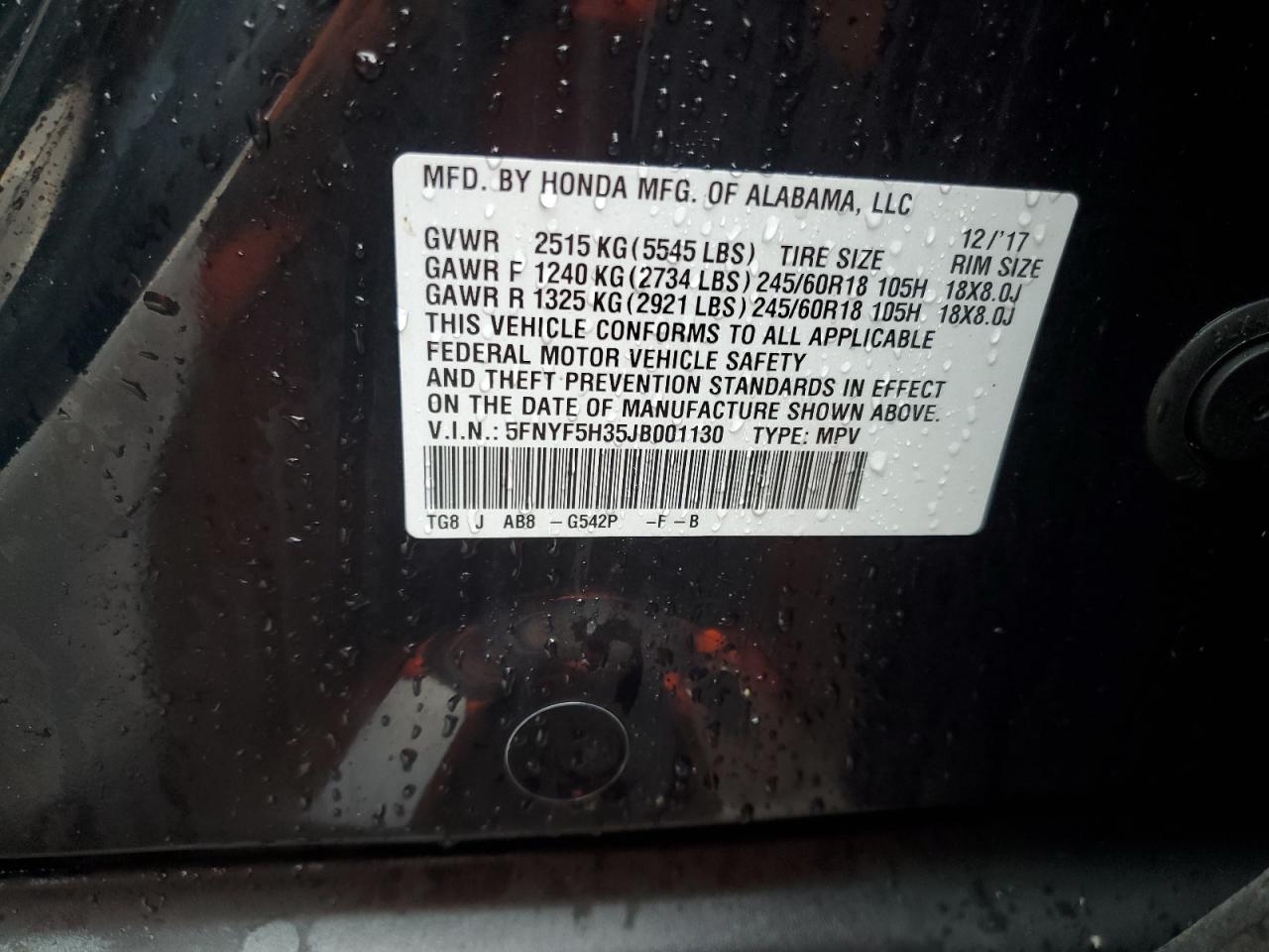2018 Honda Pilot Ex VIN: 5FNYF5H35JB001130 Lot: 82302825