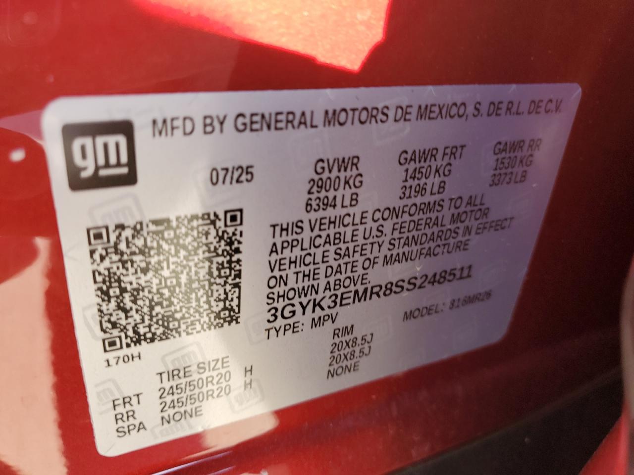 2025 Cadillac Optiq Sport VIN: 3GYK3EMR8SS248511 Lot: 85139015