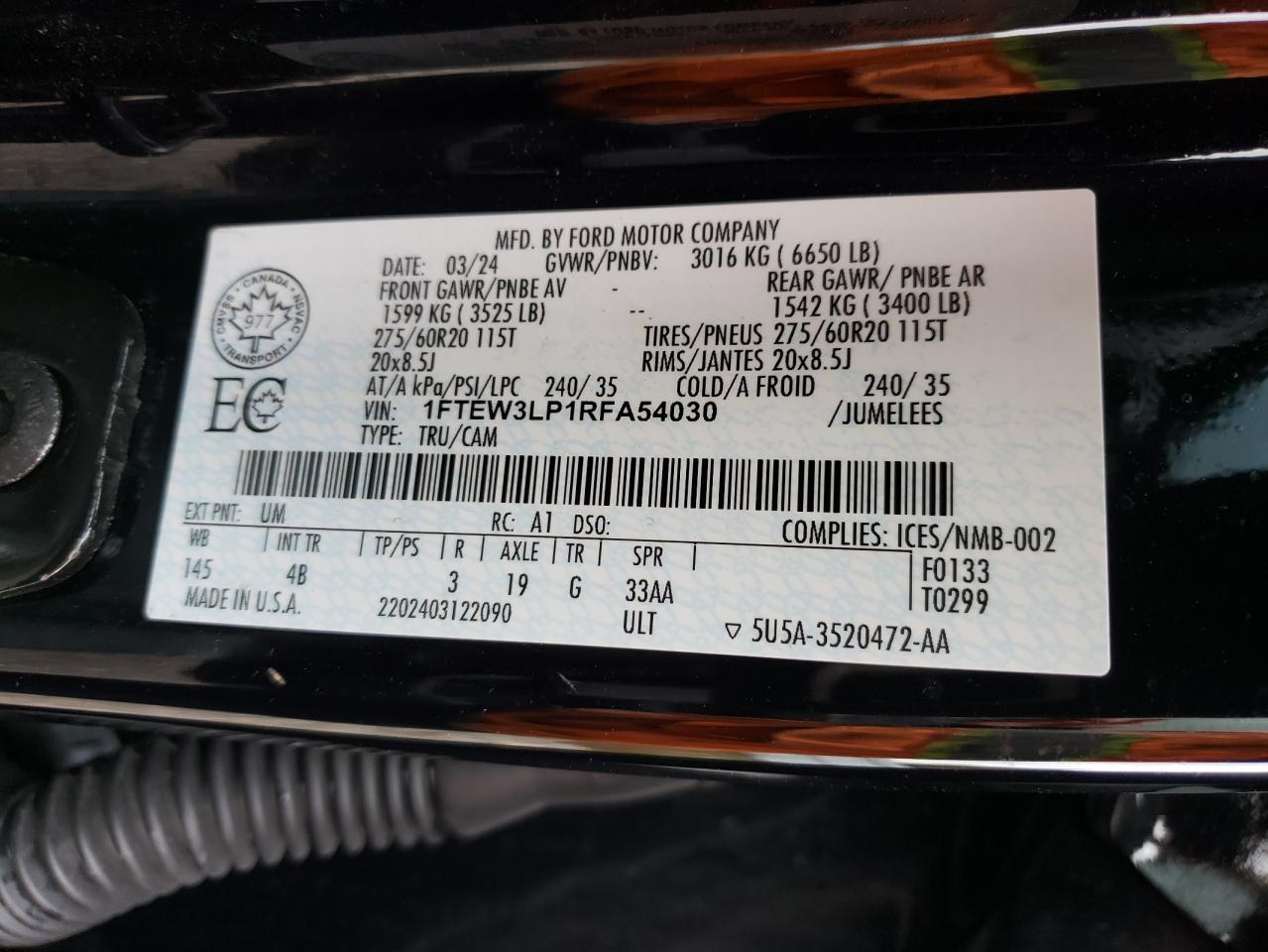 2024 Ford F150 Xlt VIN: 1FTEW3LP1RFA54030 Lot: 87362075