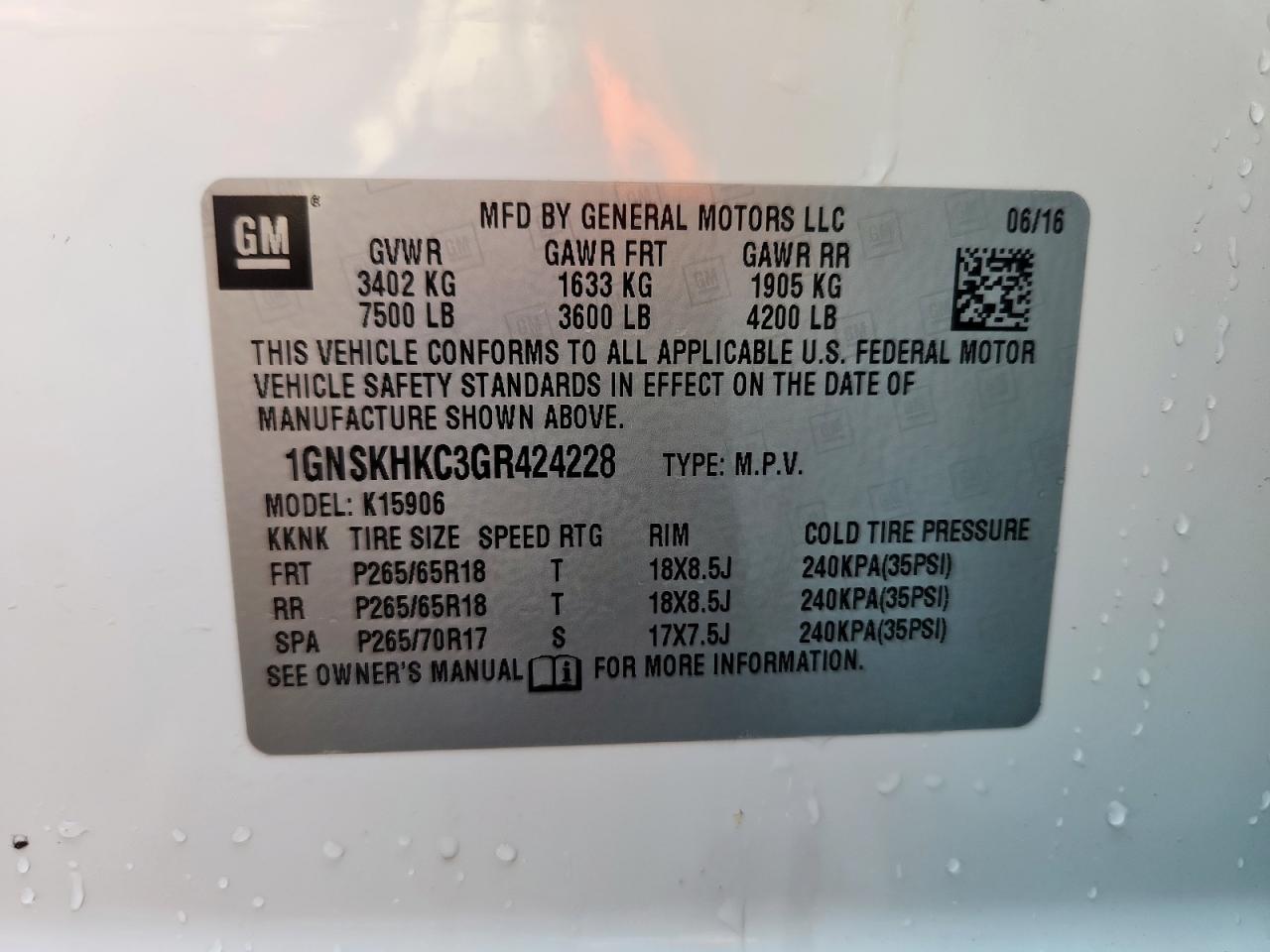 2016 Chevrolet Suburban K1500 Lt VIN: 1GNSKHKC3GR424228 Lot: 84026475