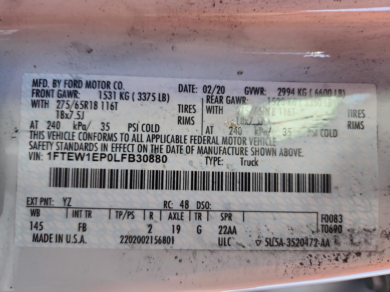 2020 Ford F150 Supercrew VIN: 1FTEW1EP0LFB30880 Lot: 82457525