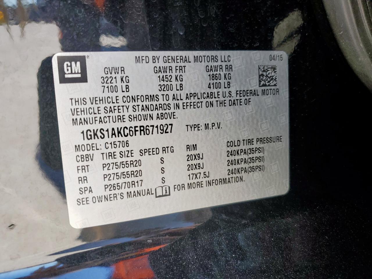 2015 GMC Yukon Sle VIN: 1GKS1AKC6FR671927 Lot: 90703845