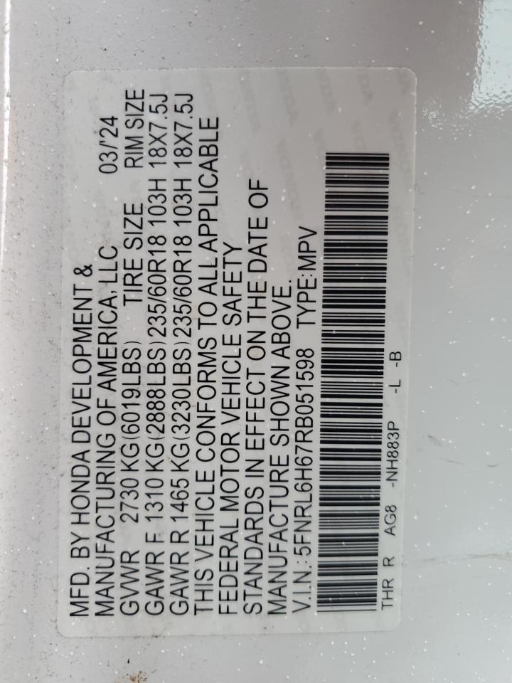 2024 Honda Odyssey Exl VIN: 5FNRL6H67RB051598 Lot: 86259485