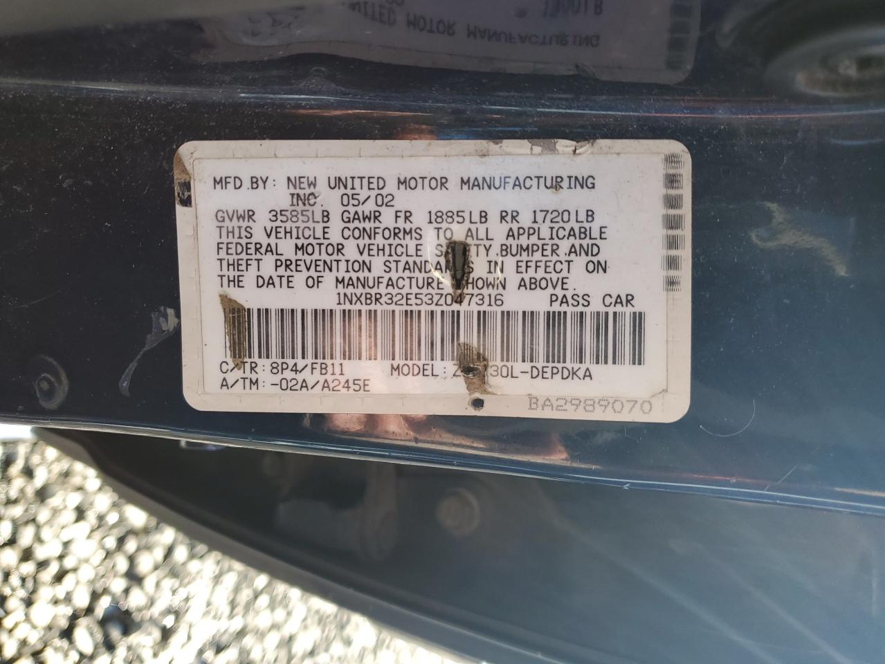 2003 Toyota Corolla Ce VIN: 1NXBR32E53Z047316 Lot: 86317855