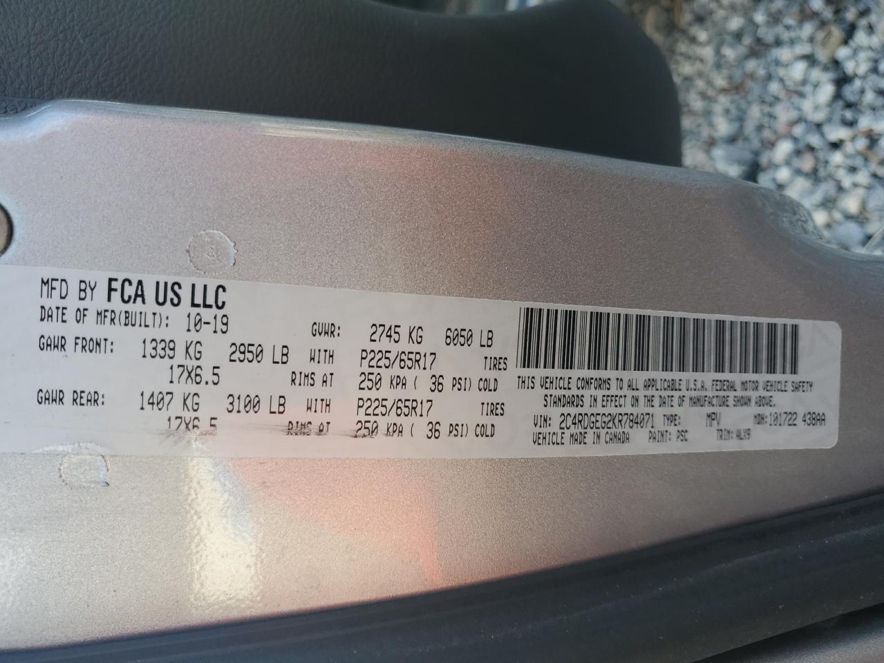 2019 Dodge Grand Caravan Gt VIN: 2C4RDGEG2KR784071 Lot: 82266825