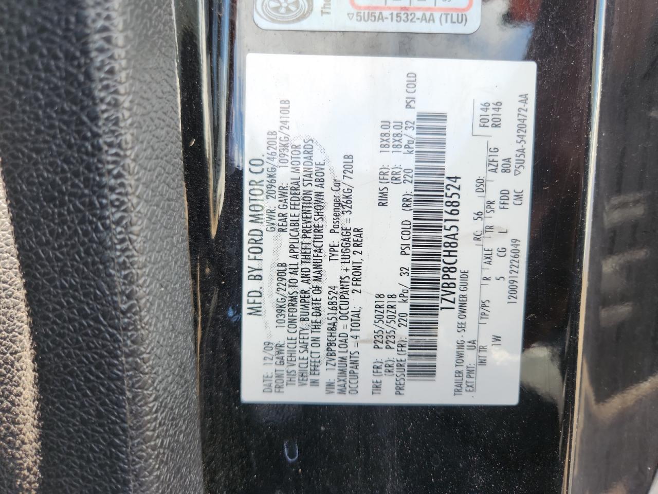 2010 Ford Mustang Gt VIN: 1ZVBP8CH8A5168524 Lot: 85292445