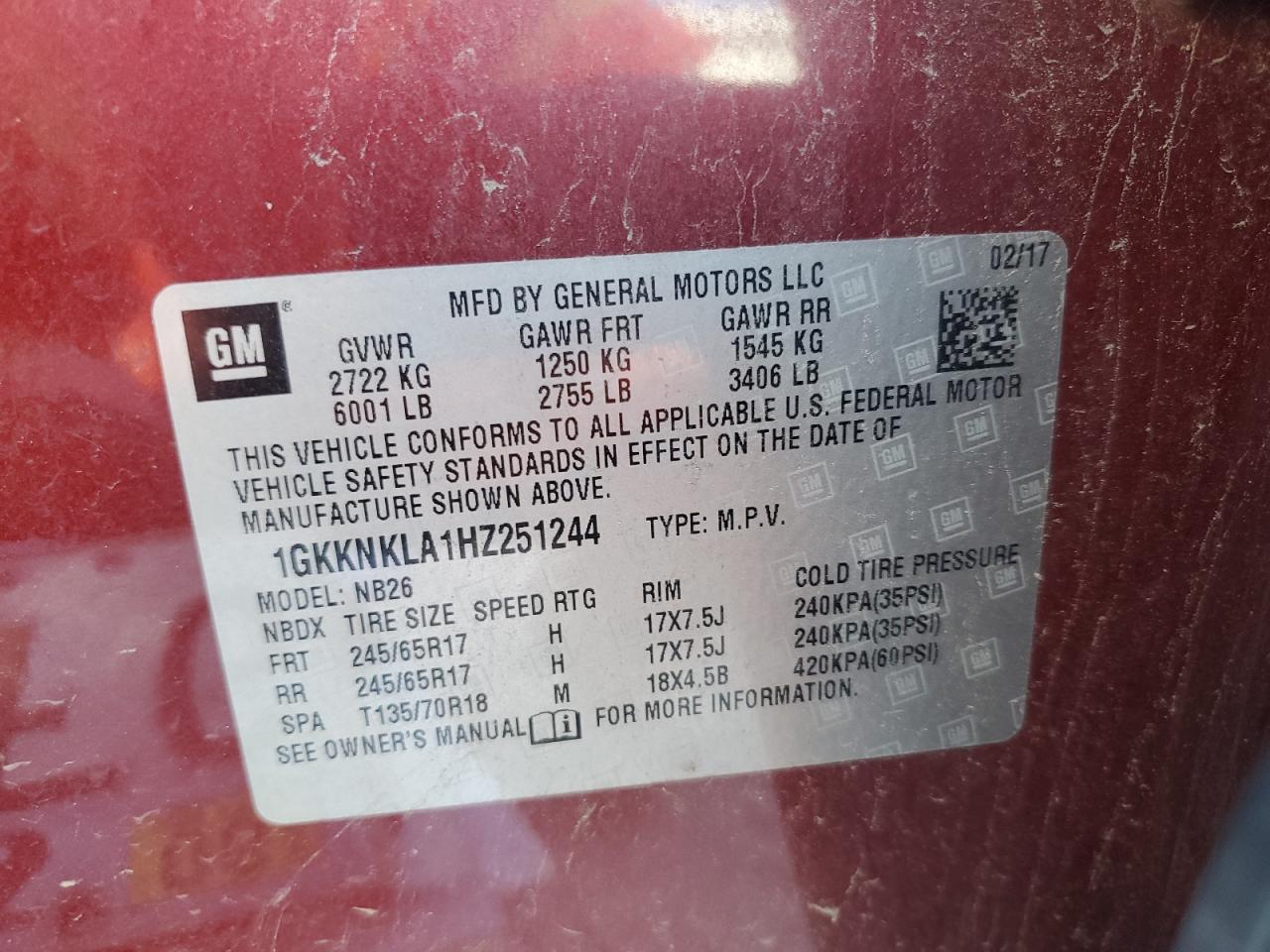 2017 GMC Acadia Sle VIN: 1GKKNKLA1HZ251244 Lot: 82674885