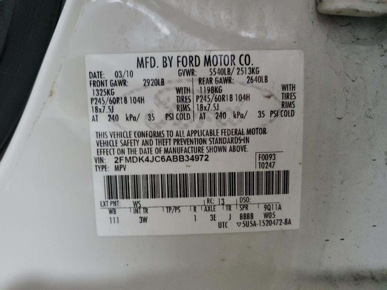 2010 Ford Edge Sel VIN: 2FMDK4JC6ABB34972 Lot: 90291365