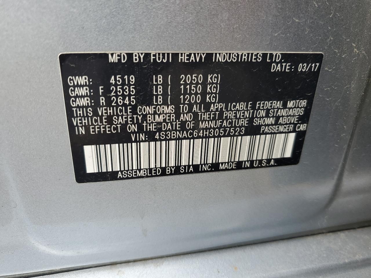 2017 Subaru Legacy 2.5I Premium VIN: 4S3BNAC64H3057523 Lot: 90077835