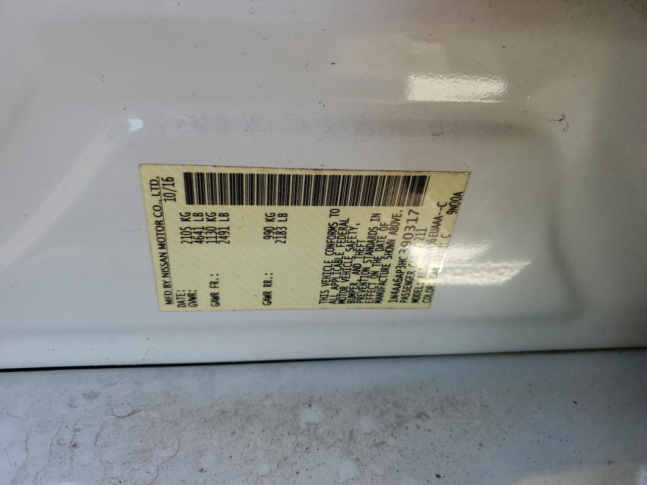 2017 Nissan Maxima 3.5S VIN: 1N4AA6AP3HC390317 Lot: 84654355