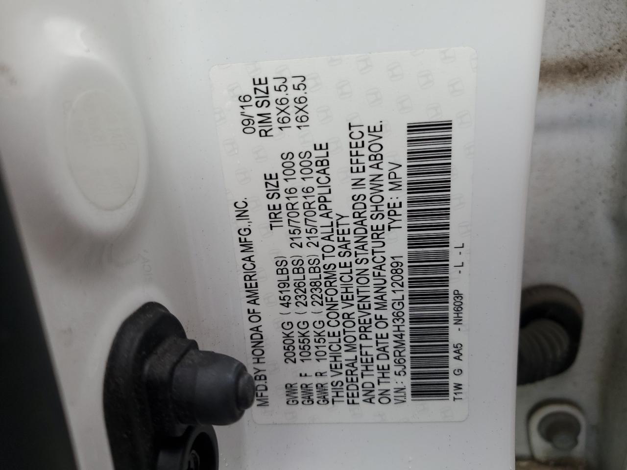 2016 Honda Cr-V Lx VIN: 5J6RM4H36GL120891 Lot: 87005975