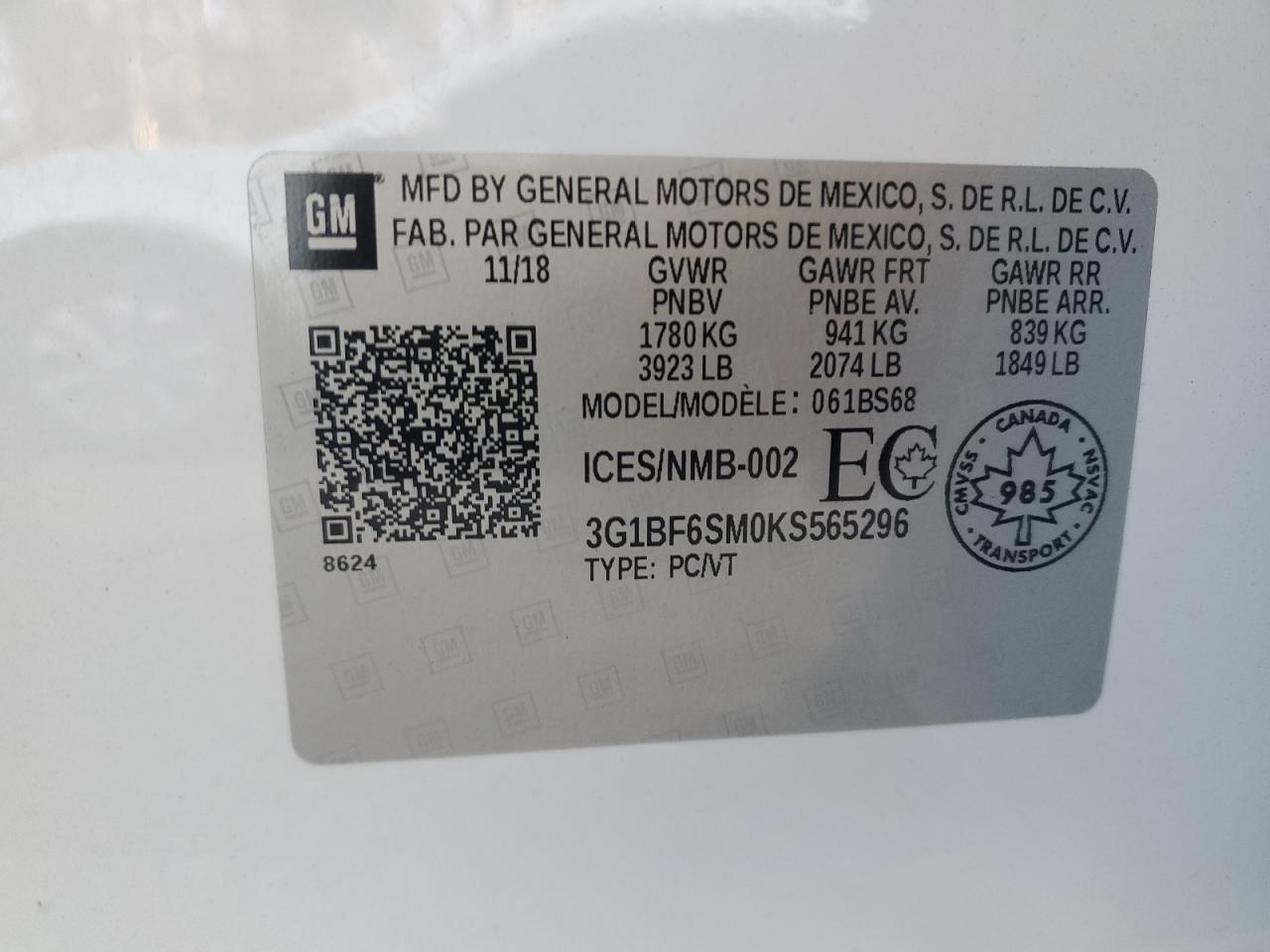 2019 Chevrolet Cruze Premier VIN: 3G1BF6SM0KS565296 Lot: 86593405