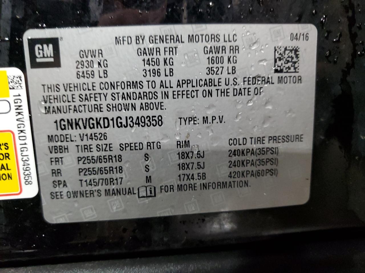 2016 Chevrolet Traverse Lt VIN: 1GNKVGKD1GJ349358 Lot: 89740755