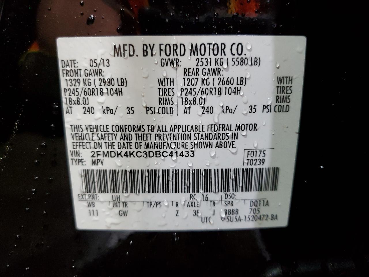 2013 Ford Edge Limited VIN: 2FMDK4KC3DBC41433 Lot: 87039955