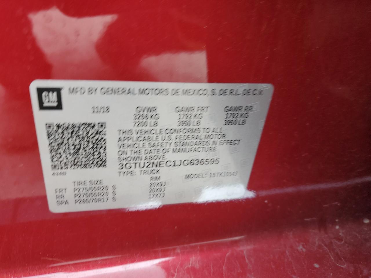 2018 GMC Sierra K1500 Slt VIN: 3GTU2NEC1JG636595 Lot: 90285875