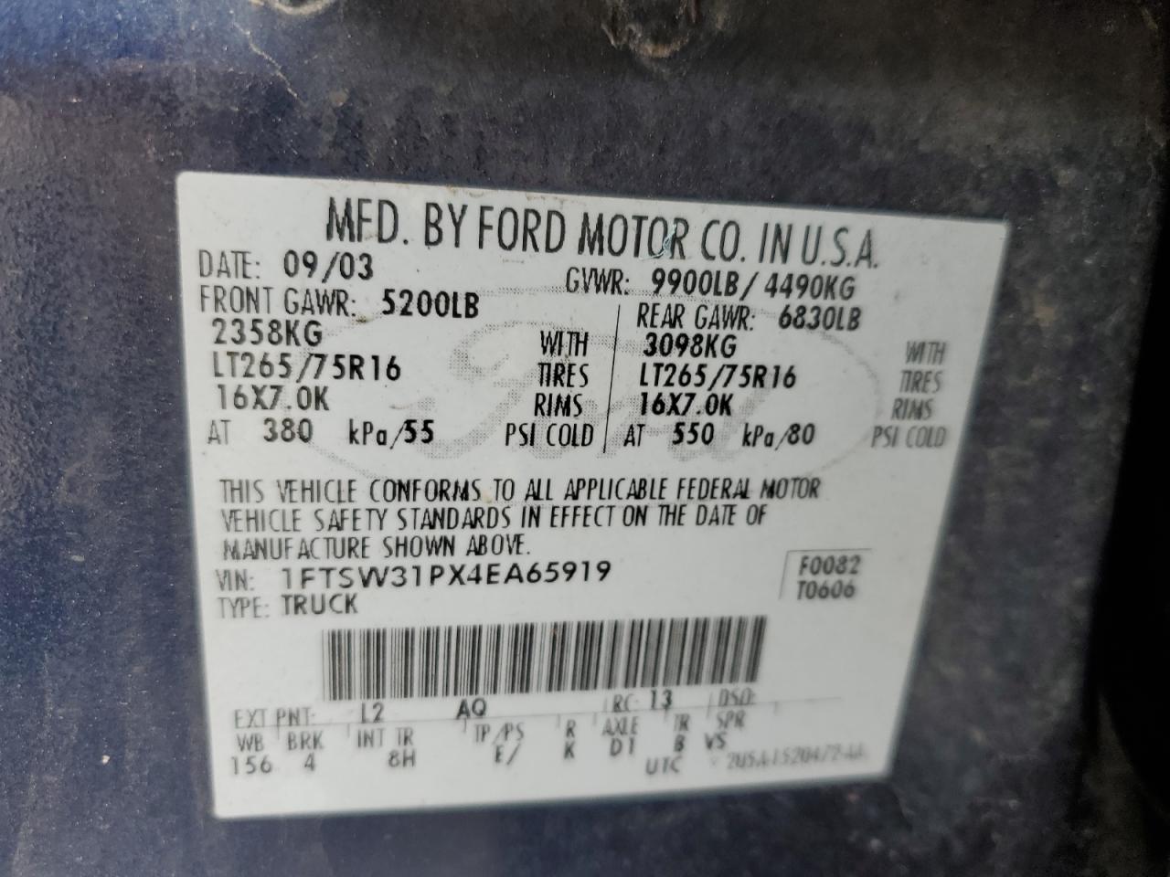 2004 Ford F350 Srw Super Duty VIN: 1FTSW31PX4EA65919 Lot: 90085975