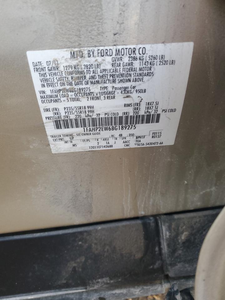2011 Ford Taurus Sel VIN: 1FAHP2EW6BG189275 Lot: 90381975