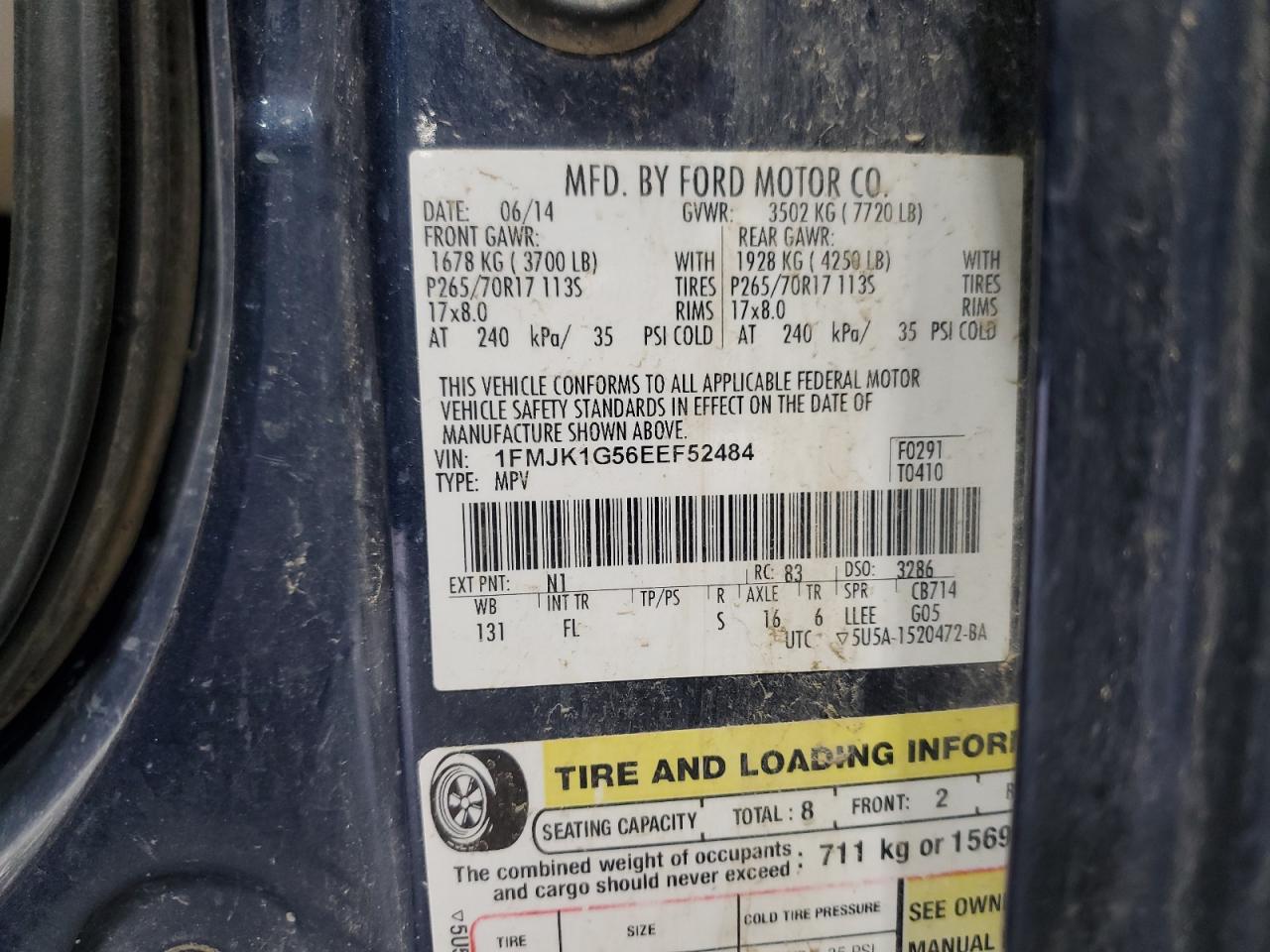 2014 Ford Expedition El Xl VIN: 1FMJK1G56EEF52484 Lot: 84069665