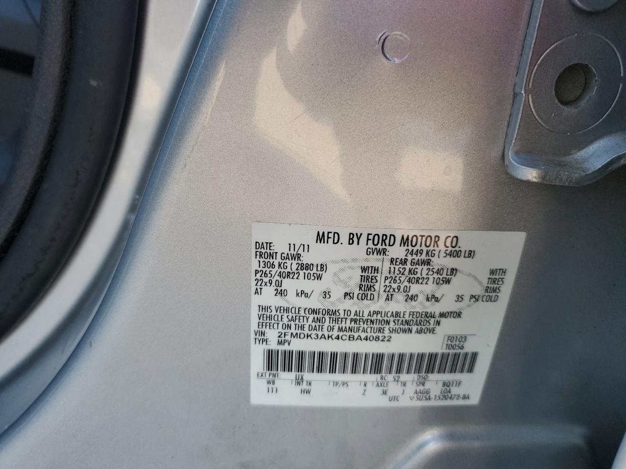 2012 Ford Edge Sport VIN: 2FMDK3AK4CBA40822 Lot: 81899235