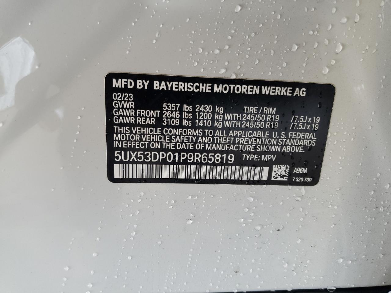 2023 BMW X3 xDrive30I VIN: 5UX53DP01P9R65819 Lot: 85523485