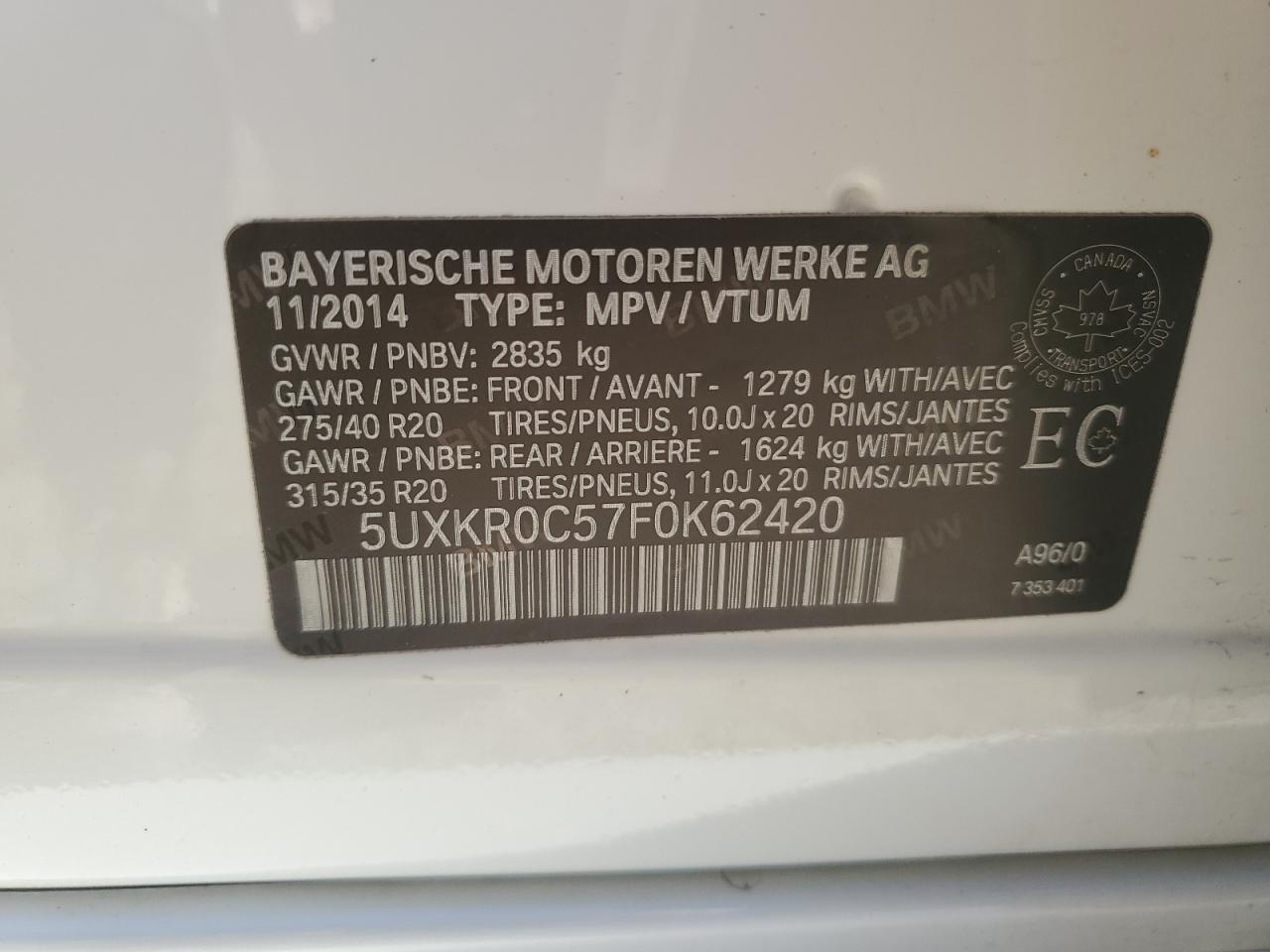 2015 BMW X5 xDrive35I VIN: 5UXKR0C57F0K62420 Lot: 86330445