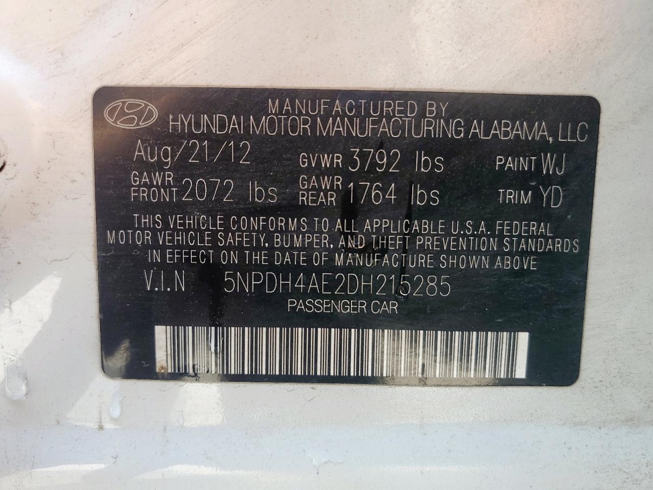 2013 Hyundai Elantra Gls VIN: 5NPDH4AE2DH215285 Lot: 86122615