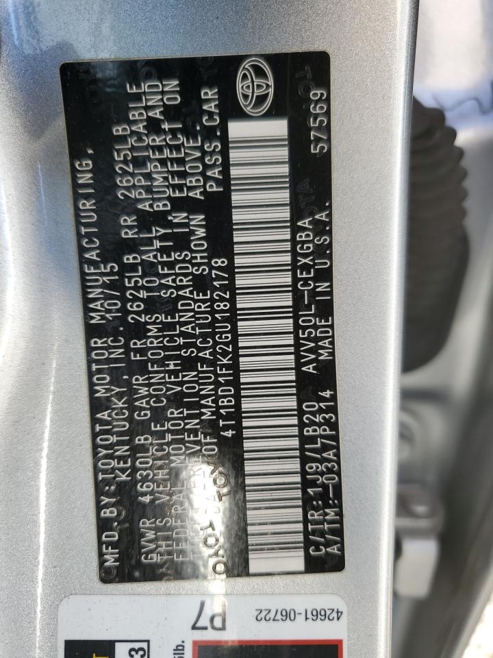 2016 Toyota Camry Hybrid VIN: 4T1BD1FK2GU182178 Lot: 82398095