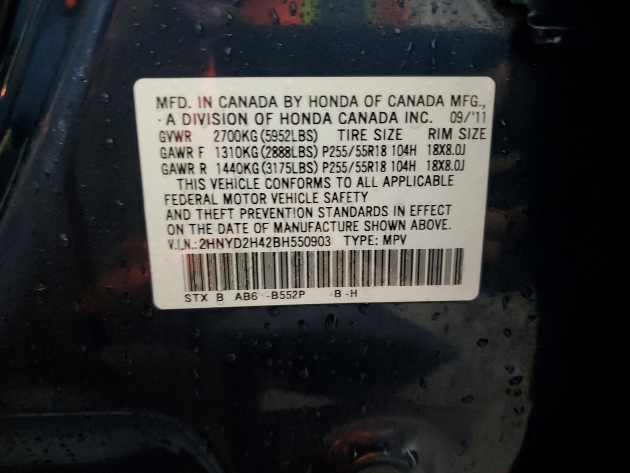 2011 Acura Mdx Technology VIN: 2HNYD2H42BH550903 Lot: 86855655