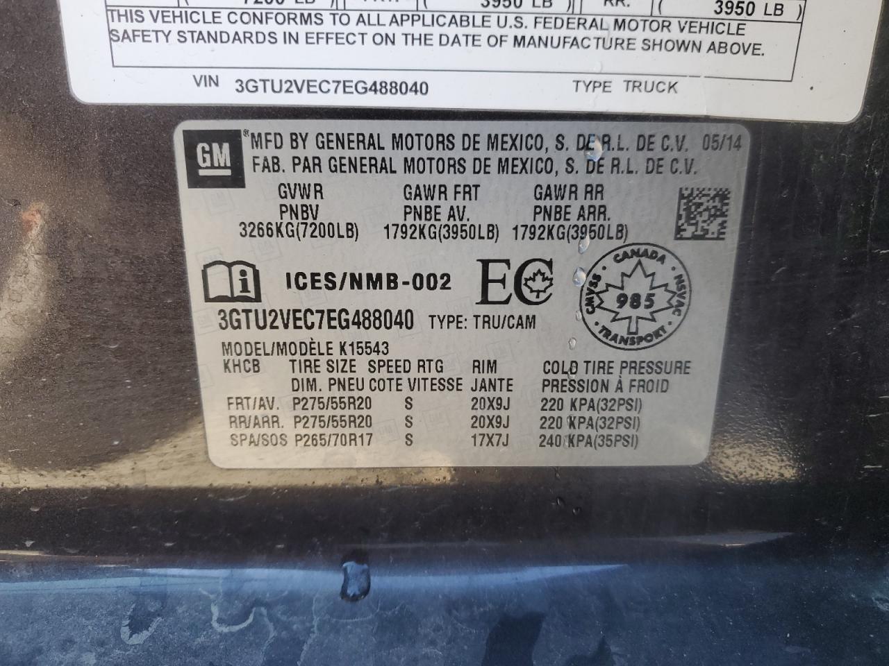 2014 GMC Sierra K1500 Slt VIN: 3GTU2VEC7EG488040 Lot: 87300405