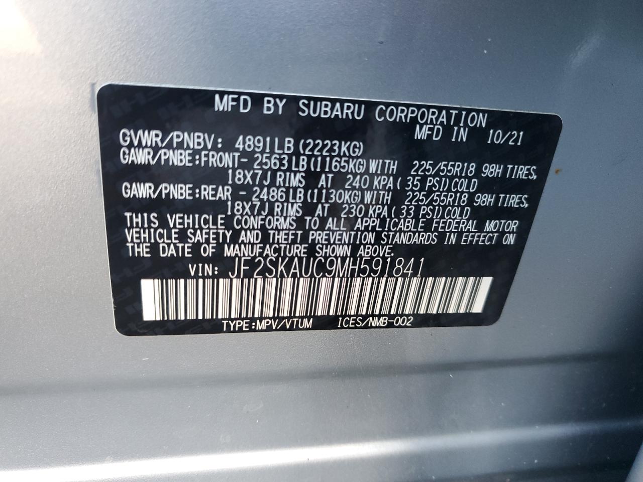 2021 Subaru Forester Limited VIN: JF2SKAUC9MH591841 Lot: 85829945