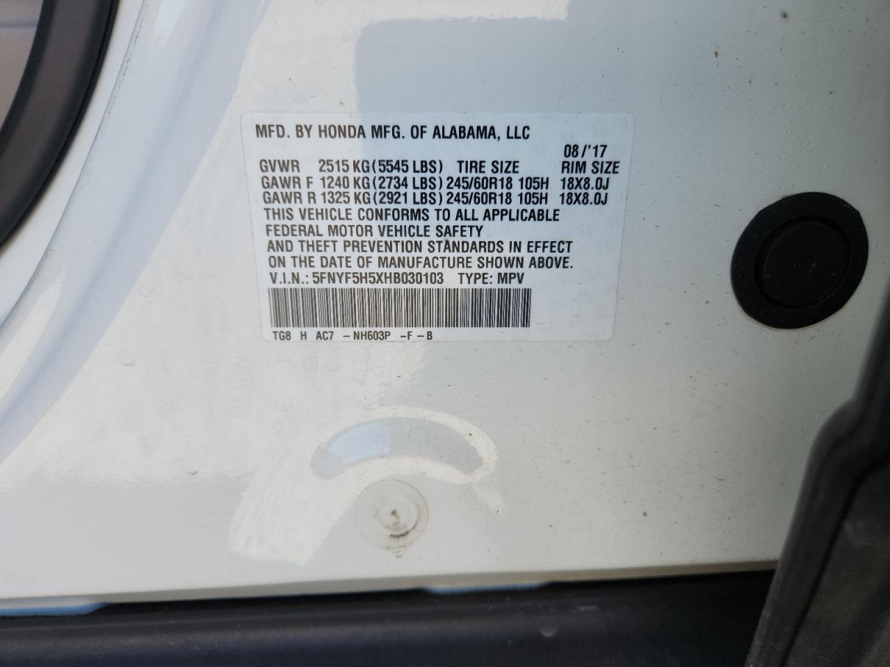 2017 Honda Pilot Exl VIN: 5FNYF5H5XHB030103 Lot: 84953375