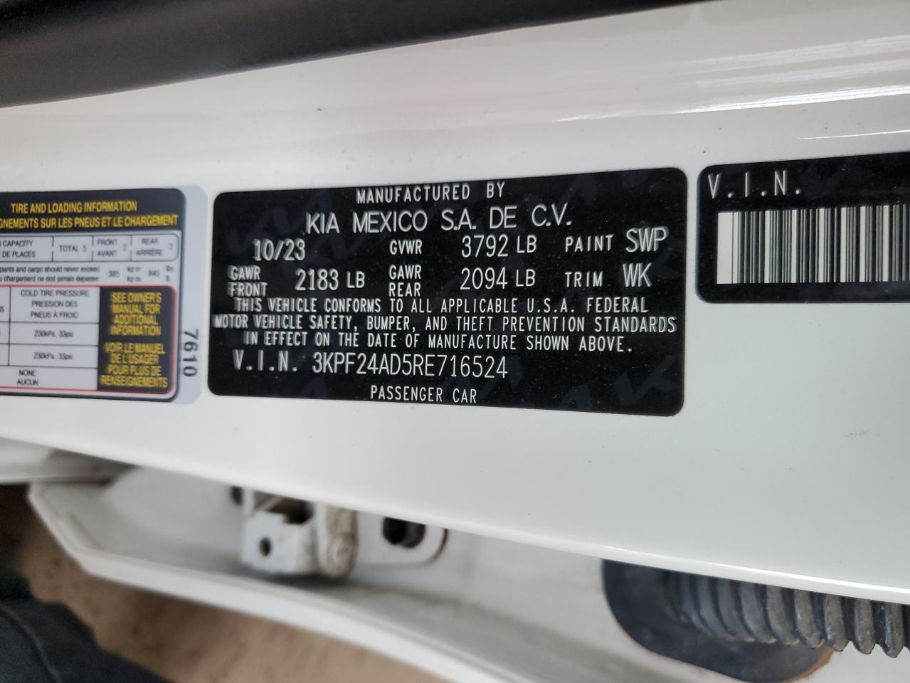 2024 Kia Forte Lx VIN: 3KPF24AD5RE716524 Lot: 86335085