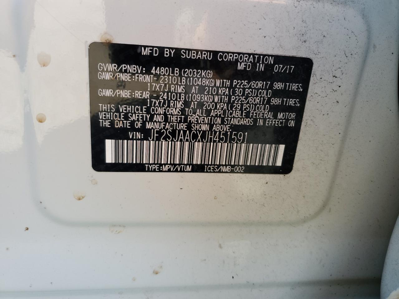 2018 Subaru Forester 2.5I VIN: JF2SJAACXJH451591 Lot: 85659755