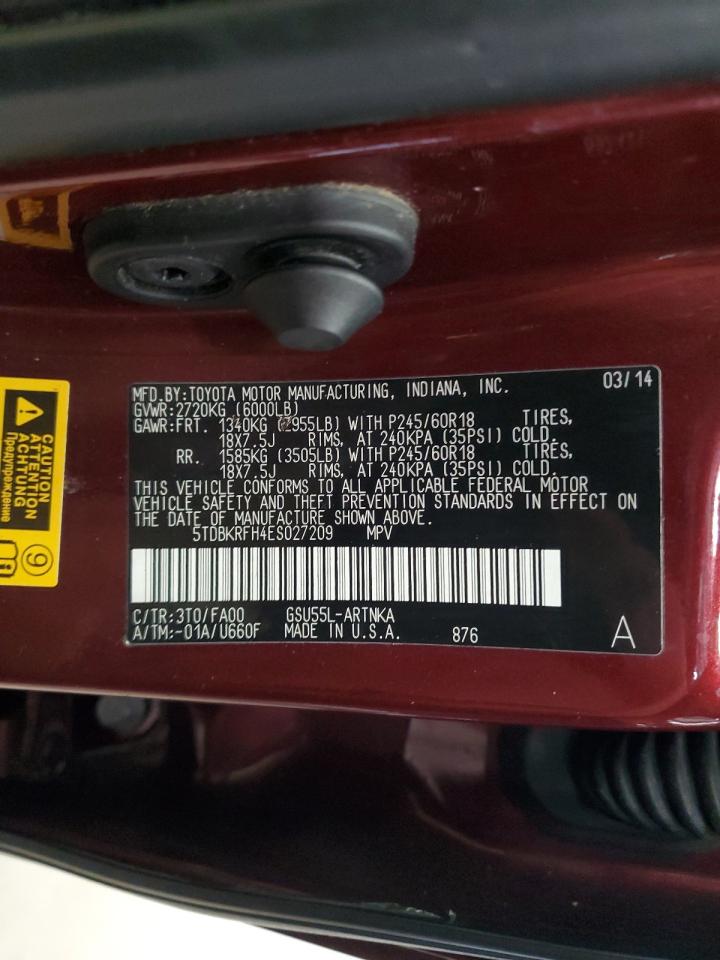 2014 Toyota Highlander Le VIN: 5TDBKRFH4ES027209 Lot: 86154085