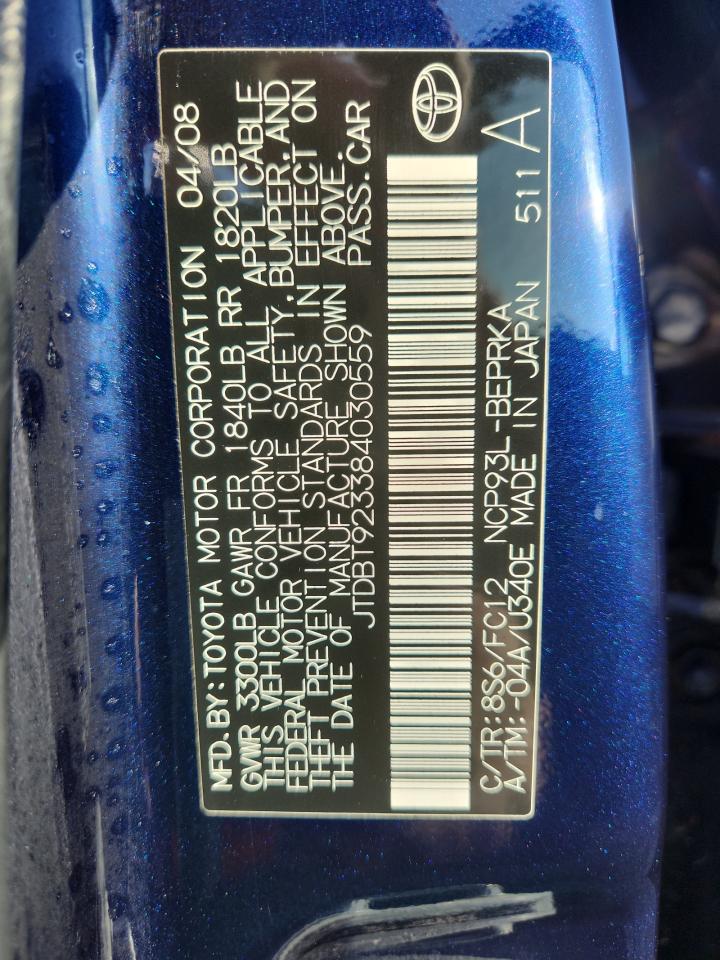 2008 Toyota Yaris VIN: JTDBT923384030559 Lot: 90581415