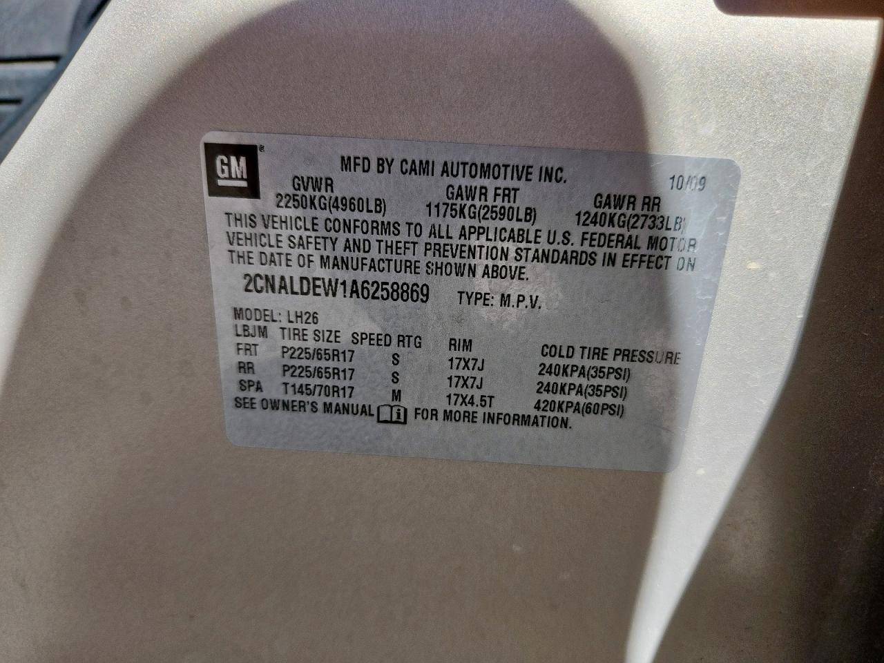 2010 Chevrolet Equinox Lt VIN: 2CNALDEW1A6258869 Lot: 85491015