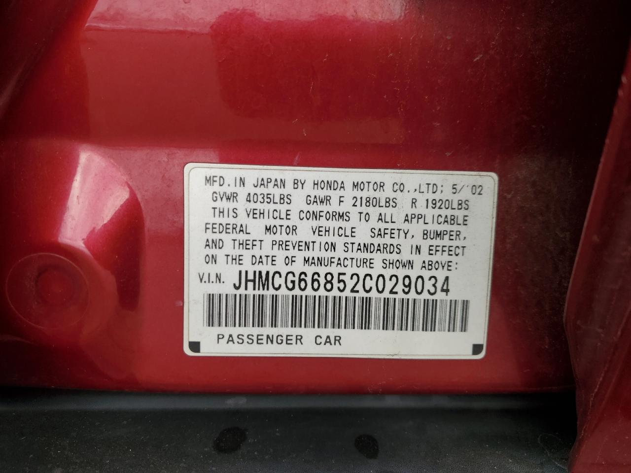 2002 Honda Accord Ex VIN: JHMCG66852C029034 Lot: 82385845