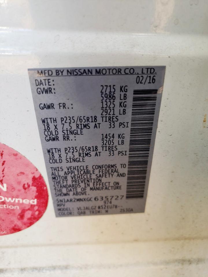 2016 Nissan Pathfinder S VIN: 5N1AR2MNXGC635727 Lot: 84772695