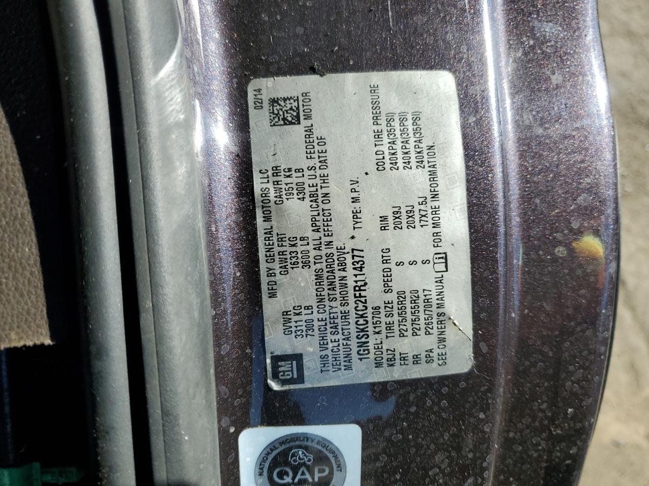 2015 Chevrolet Tahoe K1500 Ltz VIN: 1GNSKCKC2FR114377 Lot: 85909445