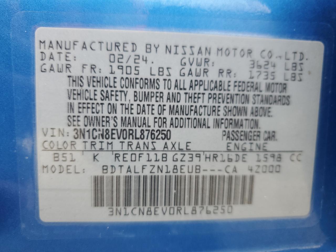 2024 Nissan Versa Sv VIN: 3N1CN8EV0RL876250 Lot: 90521765