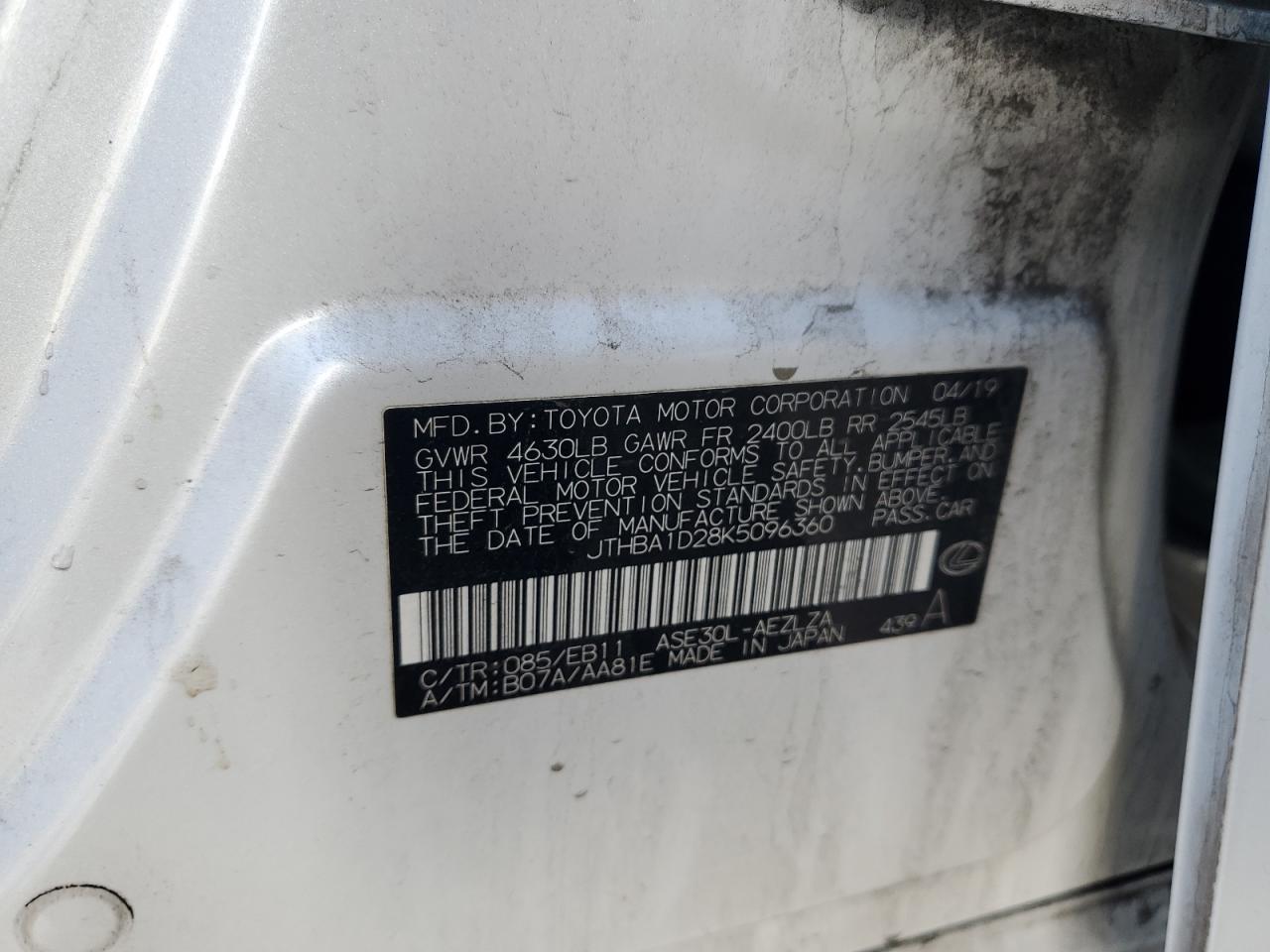 2019 Lexus Is 300 VIN: JTHBA1D28K5096360 Lot: 84992235