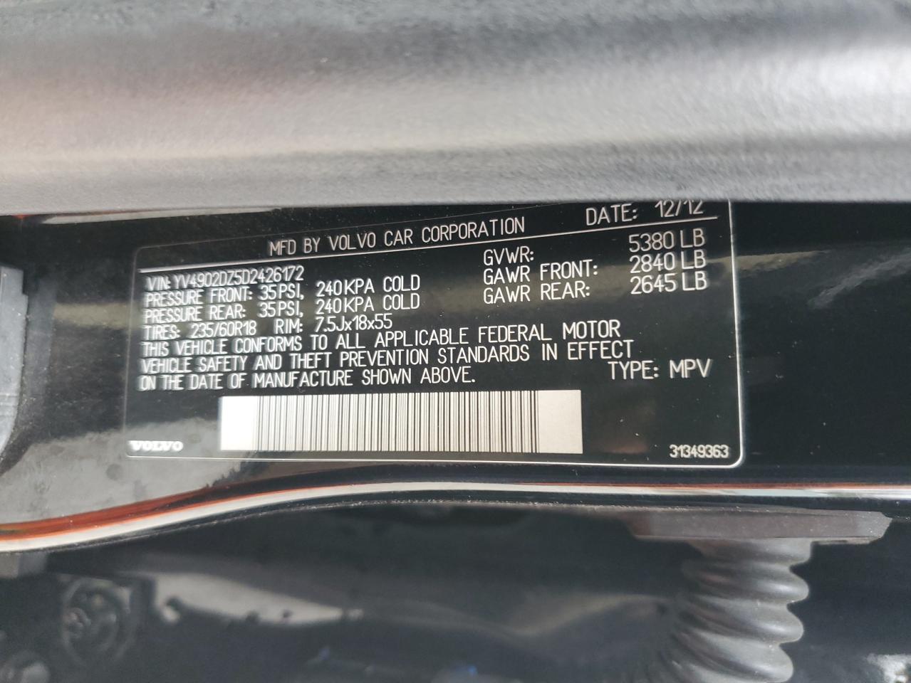 2013 Volvo Xc60 T6 VIN: YV4902DZ5D2426172 Lot: 86520285