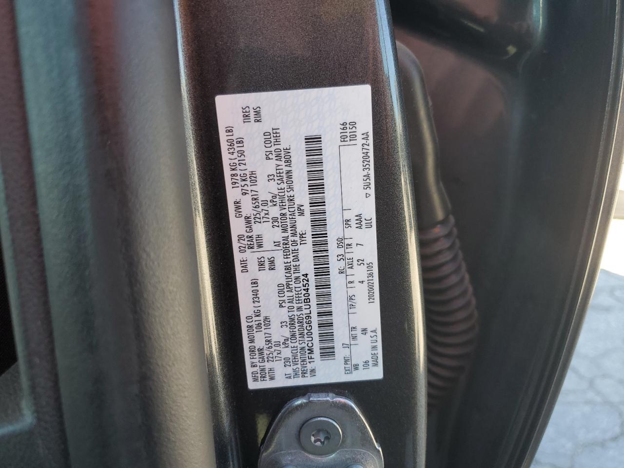 2020 Ford Escape Se VIN: 1FMCU0G69LUB04524 Lot: 85759675