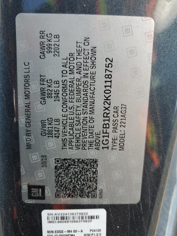 2019 Chevrolet Camaro Ls VIN: 1G1FB1RX2K0118752 Lot: 84660685