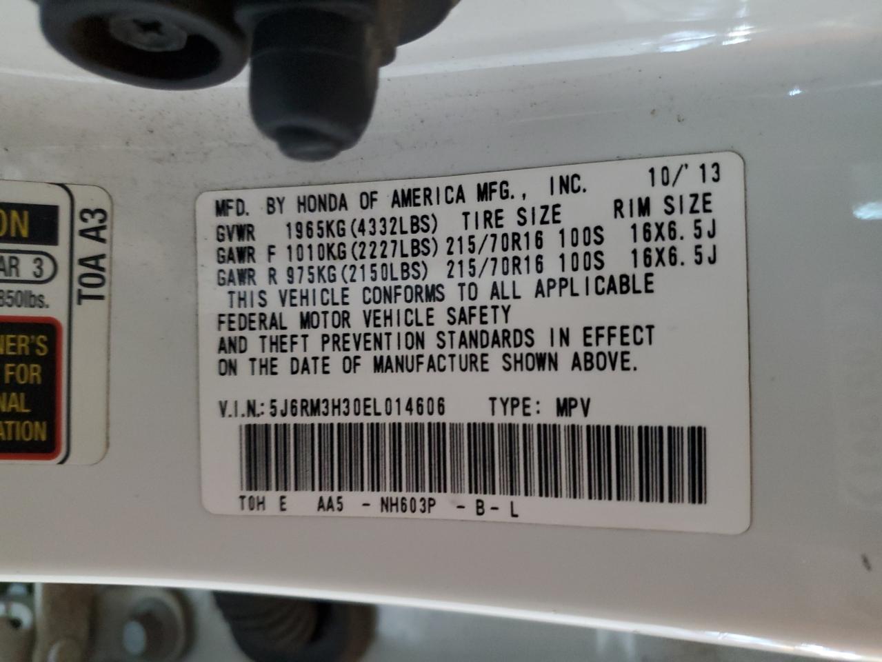 2014 Honda Cr-V Lx VIN: 5J6RM3H30EL014606 Lot: 84869785