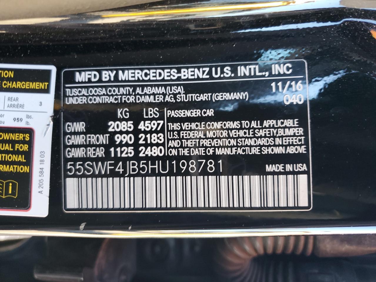 2017 Mercedes-Benz C 300 VIN: 55SWF4JB5HU198781 Lot: 82390635