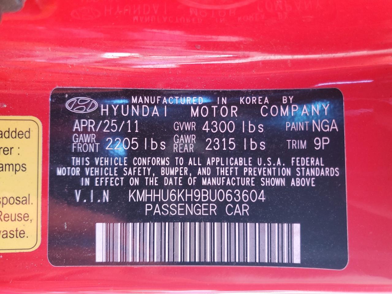 2011 Hyundai Genesis Coupe 3.8L VIN: KMHHU6KH9BU063604 Lot: 71160445