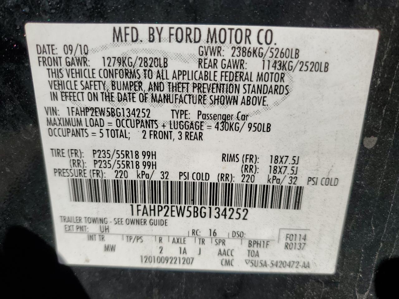 2011 Ford Taurus Sel VIN: 1FAHP2EW5BG134252 Lot: 82438255