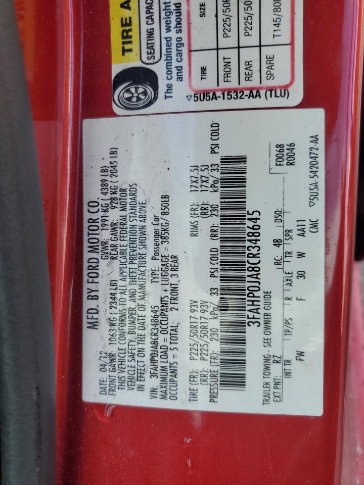 2012 Ford Fusion Sel VIN: 3FAHP0JA8CR348645 Lot: 85509615